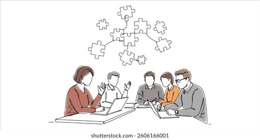 people at a desk leading a discussion with puzzle pieces above their heads continuous single line art drawing sketch on white background