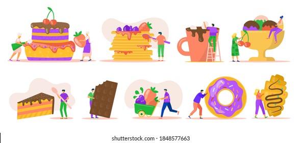 People with desserts isolated on white set of vector illustrations. Tiny characters with ice cream, huge donut, chocolate, puncakes and cake. Sweet afters food for bakery. Delicious sweet dessert.