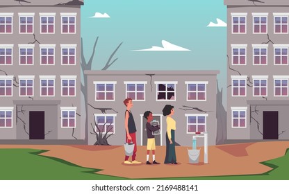 People in destroyed town waiting in queue for tap water, flat vector illustration. Concepts of water scarcity, poverty and nature disaster. Adult characters and child with bottle and bucket.