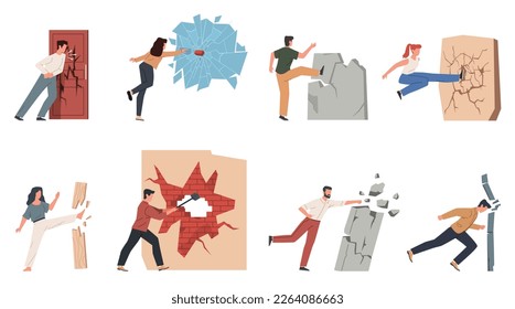 People destroying walls. Employees and businessmen overcome obstacles, persons break barriers, glass, concrete and bricks. Men and women cartoon flat style isolated, nowaday vector set