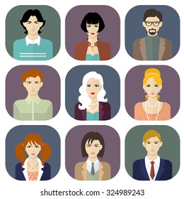 People with detailed faces and stylish clothes. Business team icons set in flat style