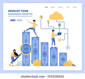 Menschen entwickeln Unternehmen, indem sie mehr Profit suchen und Technologie einsetzen. Unternehmensplanung und -forschung. Kann für Landing Page Template in ux Web Mobile App Poster Banner Website Flyer Anzeigen