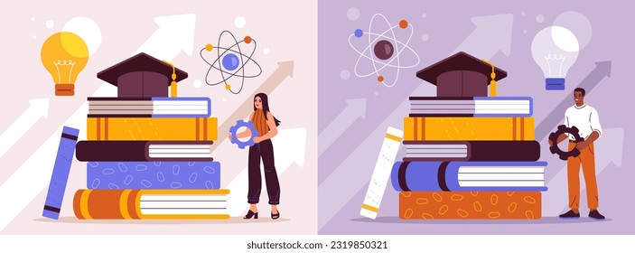 People develop knowledge. Set with man and woman learn new skills, inspire and improve job qualifications. Education and learning. Characters with books and ideas. Cartoon flat vector illustrations