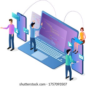 People develop mobile apps.People, smartphones, and computers.Teamwork, joint programming.The concept of developing a modern web design.Isometric view.