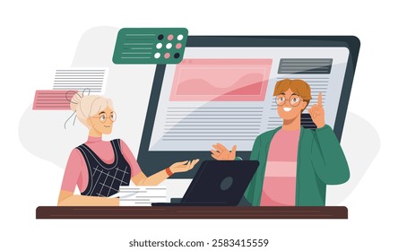 People develop website. Man and woman developing graphic elements for website. UI and UX design. Freelancers and remote workers working on common project. Flat vector illustration