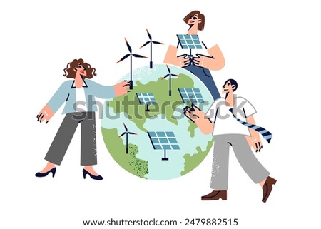 People developing alternative and renewable energy are installing windmills and solar panels on planet. Environmentalists call for shift to alternative energy to reduce carbon footprint
