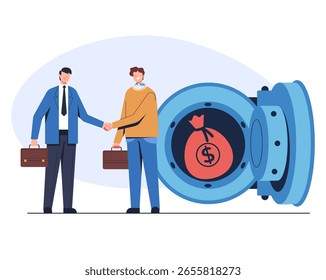 Personas que desarrollan la creación de empresas e invierten dinero. Seguro para el concepto aislado del estilo simple plano del Plan del negocio. Ilustración de Diseño gráfico plano de Vector