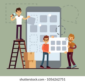 People developing cellphone ui design. Mobile phone app technology vector flat concept. Illustration of phone app development, mobile interface application