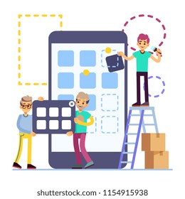 People developing cellphone ui design. Mobile phone app technology vector flat concept isolated on white. Illustration of development phone mobile app ui
