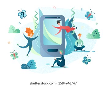 People are developing an interface for a mobile application. Communication in social networks using the Internet and mobile phones. Online life is in touch with the world concept vector illustration.
