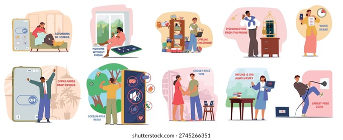 People developing mindful technology habits disconnecting from digital world and gadgets to enjoy real life and mental health scenes. Conscious choice of wellbeing and reclaiming vector illustration