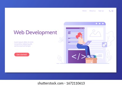 People developing mobile or web product. Web development. Concept of app development, UI interface, designing and programming technologies. Vector illustration for UI, mobile app