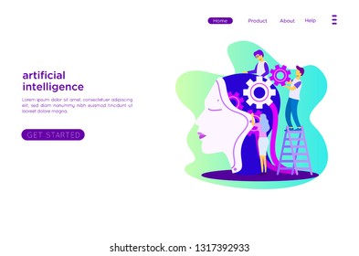people developing robotic landing page web. Machine learning, artificial intelligence, digital brain and artificial thinking process concept, violet palette. Vector landing page.