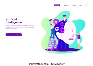 people developing robotic landing page web. Machine learning, artificial intelligence, digital brain and artificial thinking process concept, violet palette. Vector landing page.