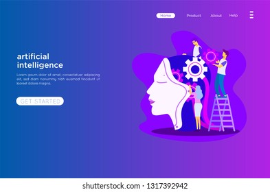 people developing robotic landing page web. Machine learning, artificial intelligence, digital brain and artificial thinking process concept, violet palette. Vector landing page.