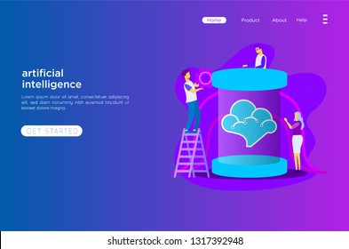 people developing robotic landing page web. Machine learning, artificial intelligence, digital brain and artificial thinking process concept, violet palette. Vector landing page.