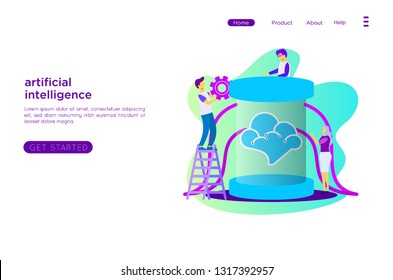 people developing robotic landing page web. Machine learning, artificial intelligence, digital brain and artificial thinking process concept, violet palette. Vector landing page.
