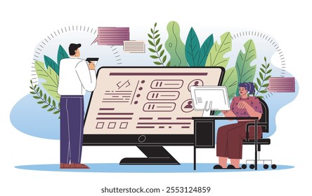 People developing website. Man and woman near computer with code. Programmers and IT specialists. Front end and back end developers. Flat vector illustration isolated on white background