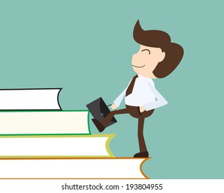 People development concept - Businessman acquires knowledge over a ladder made of books