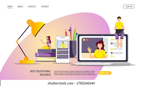 People with devices, books, desk lamp, pencils. Studying, Online training, distance education, e-learning, tutorials and courses concept. Vector illustration for poster, banner, website.