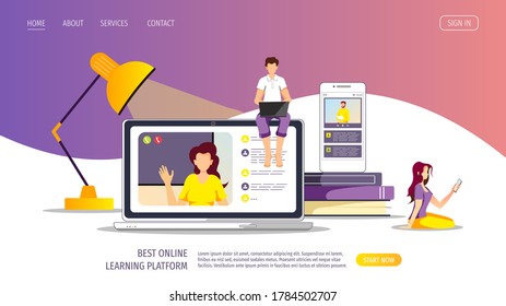 People with devices, books, desk lamp. Studying, Online training, distance education, e-learning, tutorials and courses concept. Vector illustration for poster, banner, website.