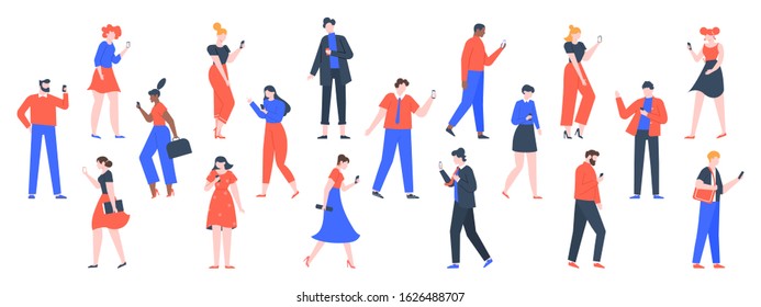 People with devices. Men and women use laptop, tablet and smartphones, characters with internet devices equipment, holding and using digital gadgets vector. minimal guys with phones online