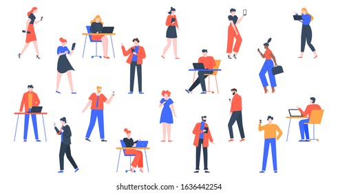 People with devices. Men and women use laptop, tablet and smartphones, characters with internet devices equipment, holding and using digital gadgets vector illustration set. young adult persons online