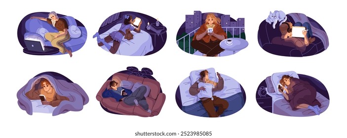 Pessoas em dispositivos à noite. Homens e mulheres jovens com insônia usando telefone, laptop, tablet na cama. Personagens com smartphones antes de dormir. Ilustrações de vetor isoladas planas sobre fundo branco