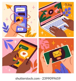 People with devices posters set. Men and women with laptop, digital tblet, smartphone and mobile phone. Social networks and online communication. Cartoon flat vector collection isolated on background