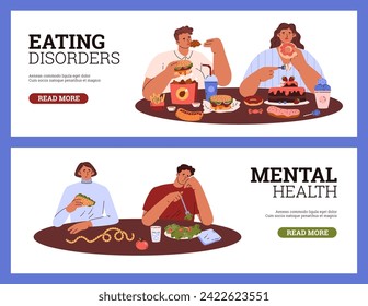 People devouring bakery sweets and fatty fast food. Other couple eating fresh vegetables and salad. Cartoon bad eating habit, eating disorder posters. Mental addiction vector landing page set