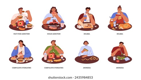 People devouring bakery sweets and fatty fast food. Cartoon sugar addiction, Bulimia, Compulsive overeating, eating disorder vector illustration set. Other eating fresh vegetables and salad. Anorexia