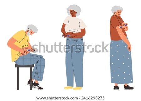 People with diabetes doing self injection or insulin shot to control glucose level in blood, flat vector illustrations set isolated on white background.