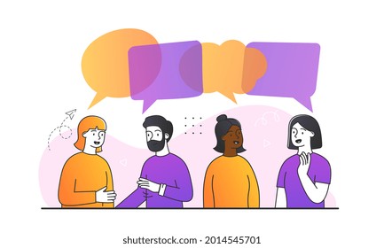 People dialog concept. Different people communicate with each other. Dialog bubble above your head. Discussion of the project details. Cartoon flat vector illustration isolated on white background
