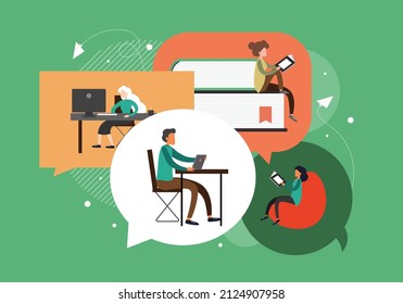People in dialog speech bubbles, flat vector illustration. Communication, online chat, conversation.