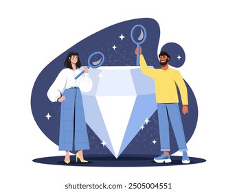 Personas con diamante. El hombre y la mujer con lupa evalúan la gema preciosa y brillante. Estética y elegancia. Equipo de joyeros. Ilustración vectorial plana aislada sobre fondo blanco