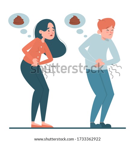 People with a diarrhea vector isolated. Man and woman with pain in stomach. Belly disease. Person needs to get to the toilet.