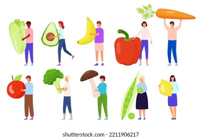 People diet, vegetables and fruits. Men and women hold huge healthy food, eco vegan logo, vegetarian characters, farm harvest, organic product. Cartoon flat illustration. Vector nowaday icons