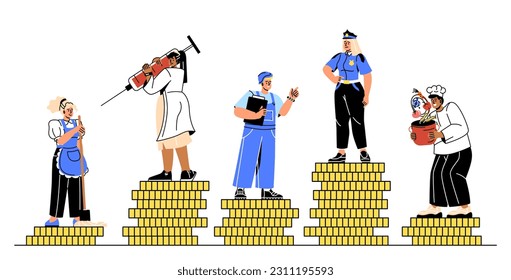 Menschen mit unterschiedlichen Löhnen. Reinigungskraft, Polizist, Arbeiter und Krankenschwester stehen auf Goldmünzen. Kluft bei Sozialgeld. Cartoon-FlachVektorgrafik einzeln auf weißem Hintergrund