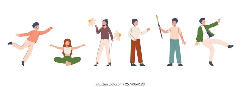 People in different active poses. Cute teens, girl meditation and holding flowers. Flying and falling men, boy giving brush to friend, vector characters