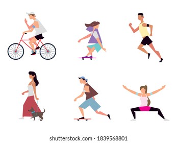 people different activities include riding bike, walk, run and others outdoor vector illustration