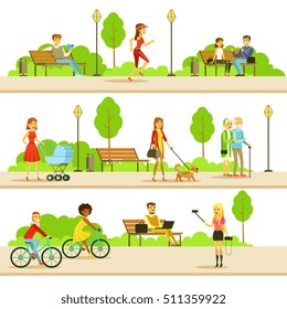 People Different Activities Outdoors Set Of Illustrations