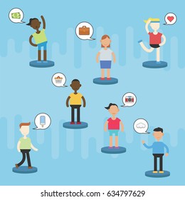 People with different activity and thought with speech bubble
