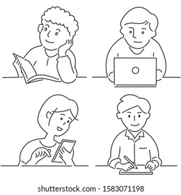 People with different activity. The young man and woman with book, laptop, cell phone and tablet. Hand drawn, Sketch doodle style - linear Vector Illustration