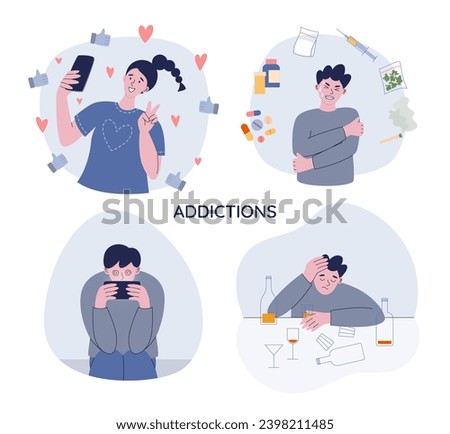 People with different addictions. Social media, drugs, game, alcohol addiction. Mental disorders vector illustrations set.