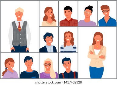 People of different age and clothing style vector, male wearing glasses casually dressed woman, old senior person wearing vest, lady with earrings necklace