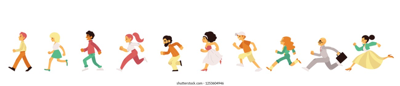 People of different age and gender in casual clothing running in flat style isolated on white background. Side view of happy hurrying men and women moving forward quickly in vector illustration.