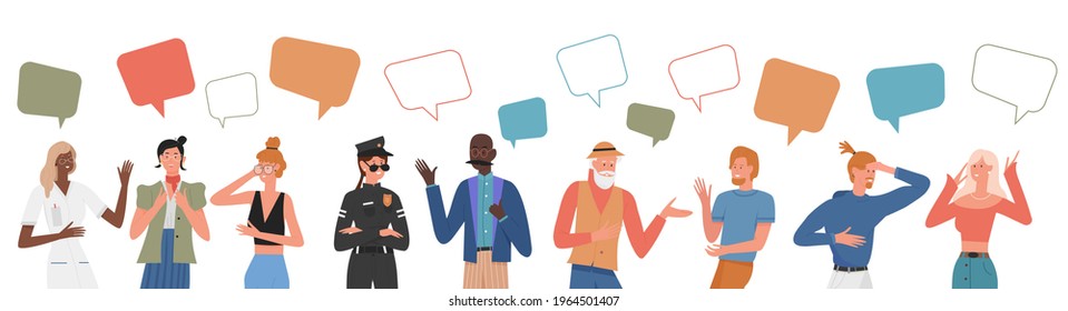 People of different age or professions talk vector illustration set. Cartoon professional man woman character talking with message bubbles above head, businessman police doctor isolated on white