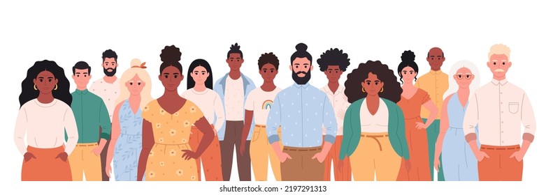 People of different age, races, appearance. Multicultural society. Social diversity of people in modern society. Fashionable casual outfit. Hand drawn vector illustration