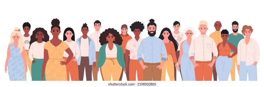 People of different age, races, appearance. Multicultural society. Social diversity of people in modern society. Hand drawn vector illustration