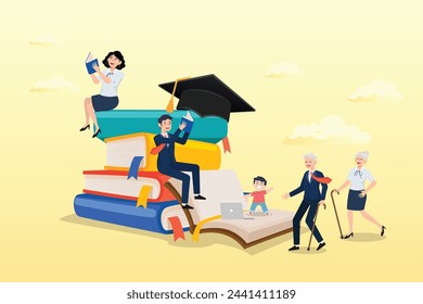 People in different age reading new books and study online on book stacked, Lifelong learning, self study to motivate and improve skill development, continue learn new knowledge for life long (Vector)